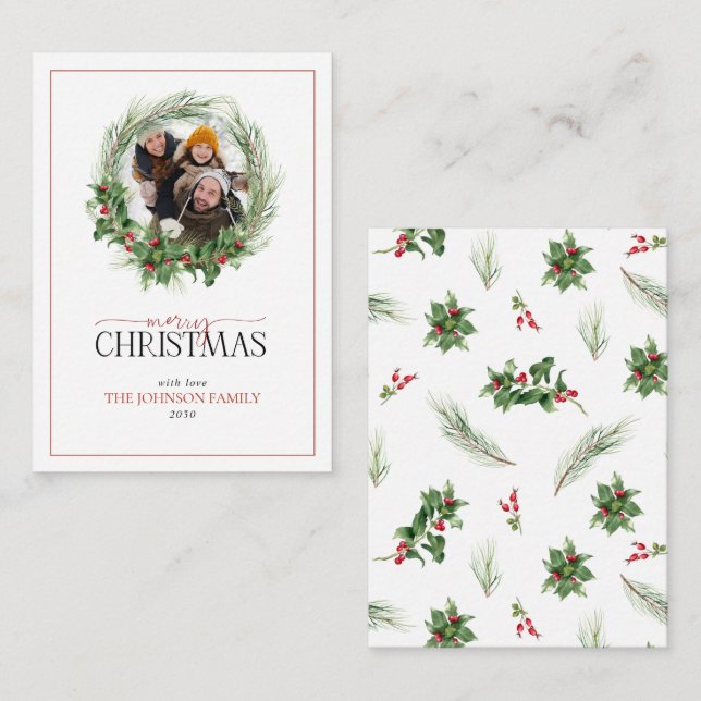 Mini Holly Berry Wreath Frohe Weihnachts-Foto Mitteilungskarte (Vorne/Hinten)