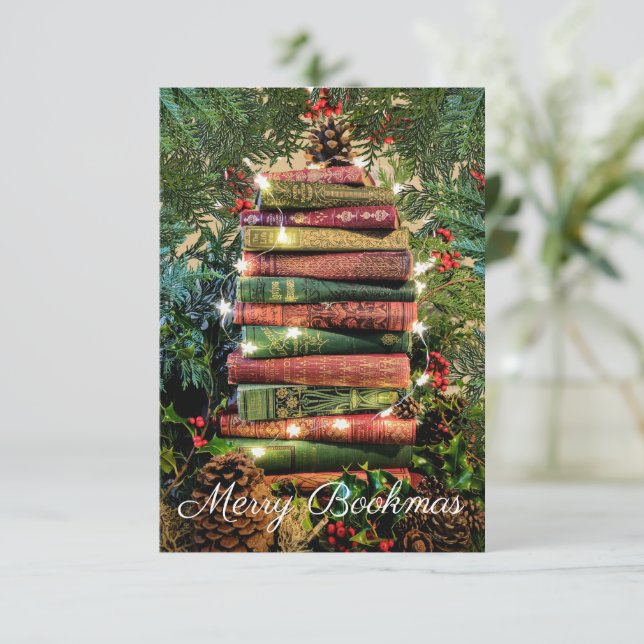 Mini Merry Bookmas Urlaubskarte RSVP Karte (Stehend Vorderseite)