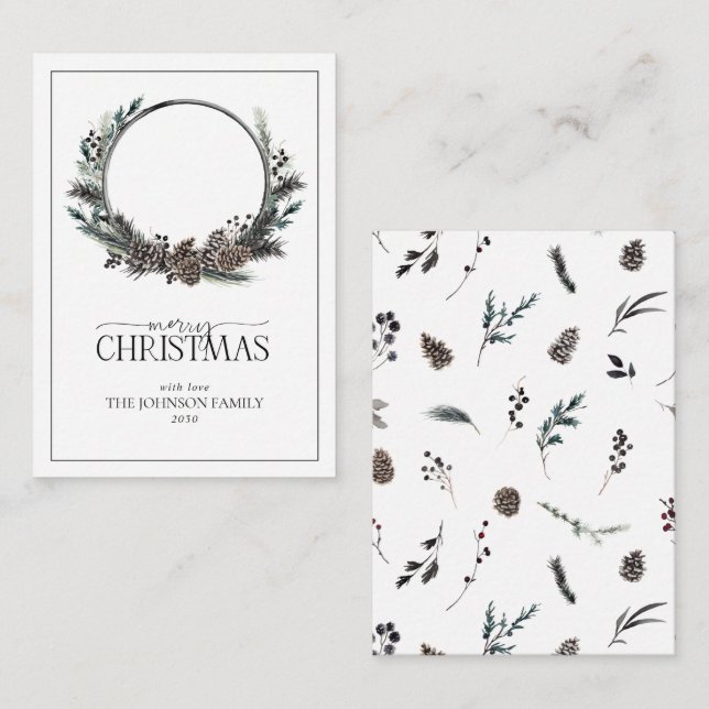 Mini Modern Black Winter Wreath Frohe Weihnachten Mitteilungskarte (Vorne/Hinten)
