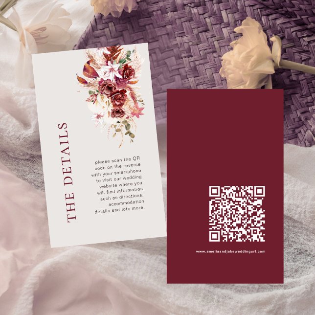 Mini Modern Burgundy Blush QR Code Wedding Details Begleitkarte (Von Creator hochgeladen)