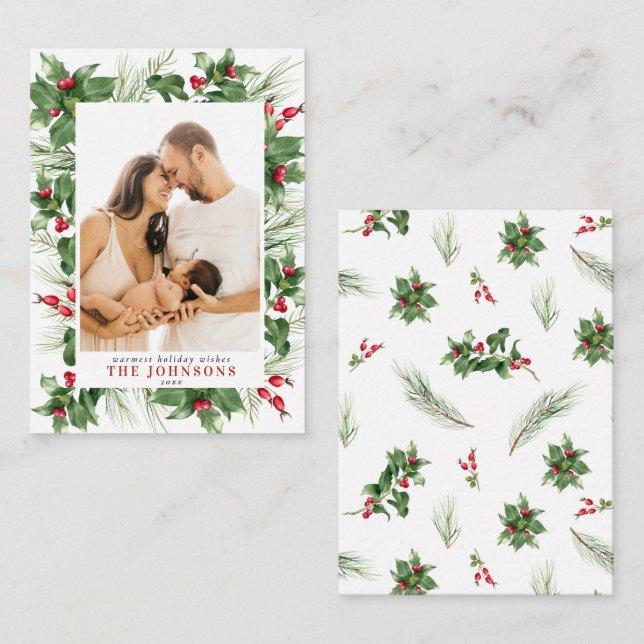 Mini Modern Foto Holly Berry Grüne Weihnachten Mitteilungskarte (Vorne/Hinten)