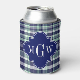 Mini Navy White Preppy Madras Quatrefolienmonogram Dosenkühler