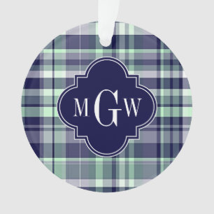 Mini Navy White Preppy Madras Quatrefolienmonogram Ornament