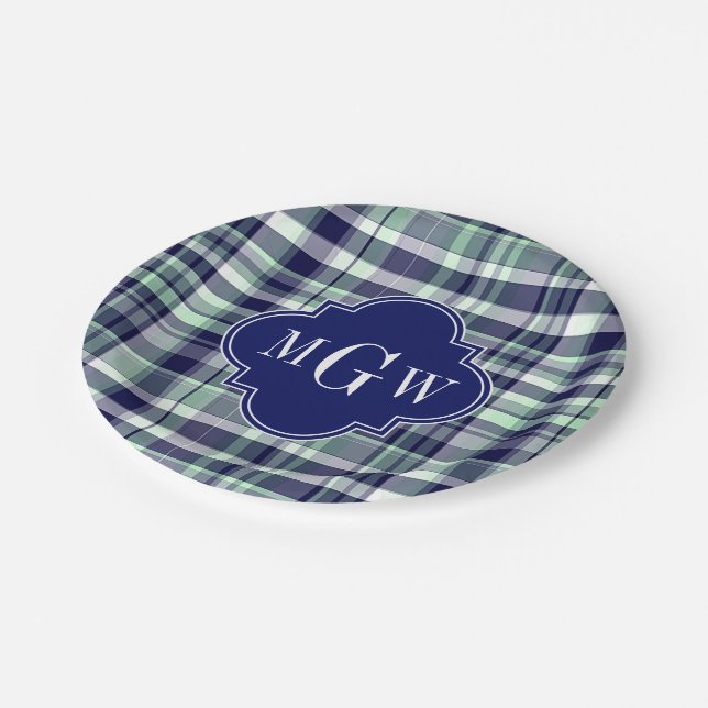 Mini Navy White Preppy Madras Quatrefolienmonogram Pappteller (Schrägansicht)