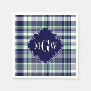 Mini Navy White Preppy Madras Quatrefolienmonogram Serviette