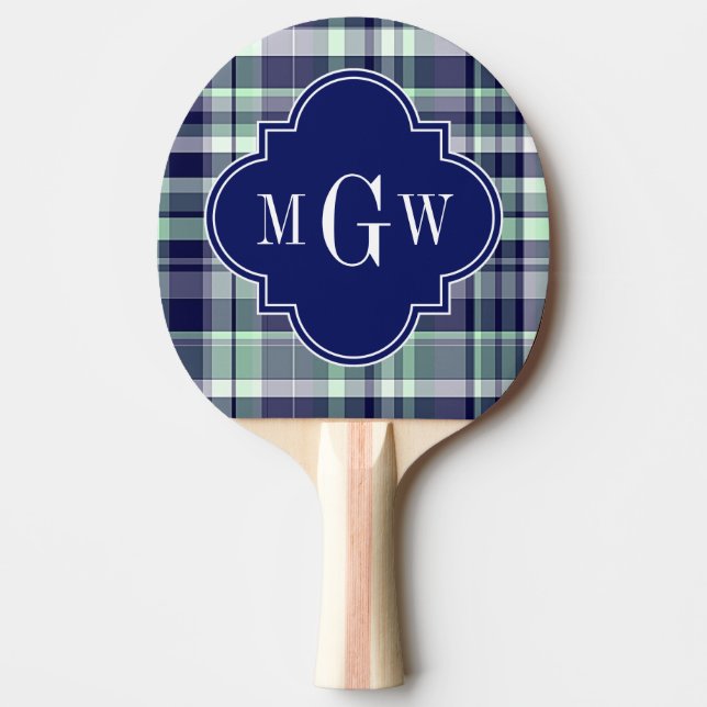 Mini Navy White Preppy Madras Quatrefolienmonogram Tischtennis Schläger (Vorderseite)