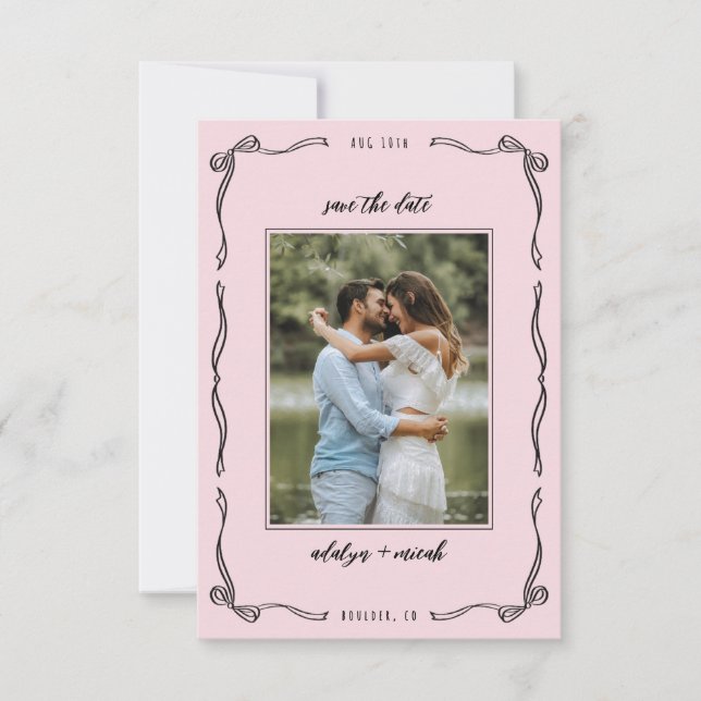 Mini pink whimsical bow multi photo RSVP karte (Vorderseite)