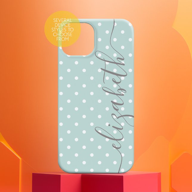 Mini Polka Dots mit Skriptgrau-Namen pastel aquama Case-Mate iPhone Hülle (Personalized Phone Case with Custom Text)
