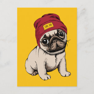 Mini Puppy Hipster Mops Postkarte