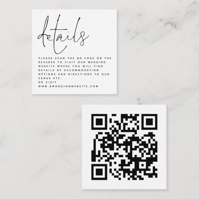 MINI QR Code Skript Schwarz-weiße Hochzeitdetails Begleitkarte (Vorne/Hinten)