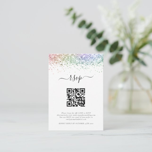 Mini Rainbow Glitzer QR Code Wedding RSVP Begleitkarte (Stehend Vorderseite)