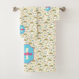 Mini Rainbow Too auf Yellow Retro Pattern Monogram Badhandtuch Set