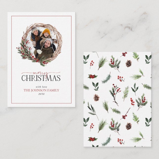 Mini Red Berry Foto Wreath Frohe Weihnachten Mitteilungskarte (Vorne/Hinten)