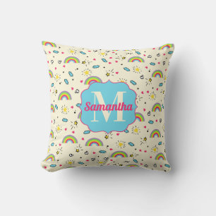 Mini-Regenbogen-Wurf auf gelbem Retro-Muster-Monog Kissen