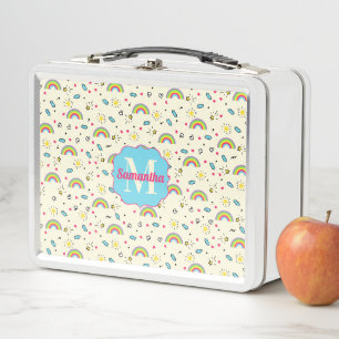 Mini-Regenbogen-Wurf auf gelbem Retro-Muster-Monog Metall Brotdose