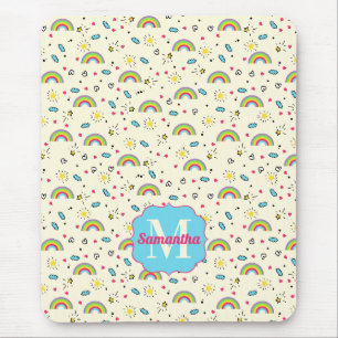Mini-Regenbogen-Wurf auf gelbem Retro-Muster-Monog Mousepad