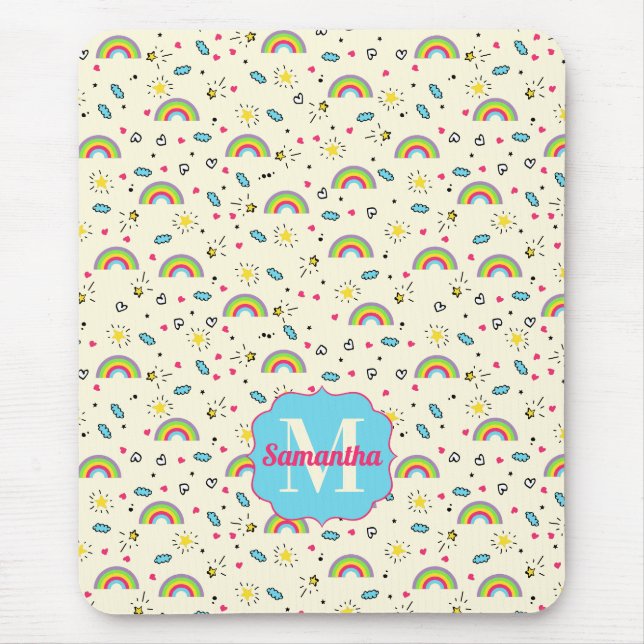 Mini-Regenbogen-Wurf auf gelbem Retro-Muster-Monog Mousepad (Vorne)