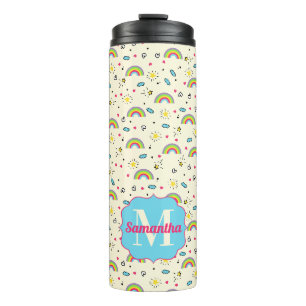 Mini-Regenbogen-Wurf auf Gelbem Retro-Muster-Monog Thermosbecher