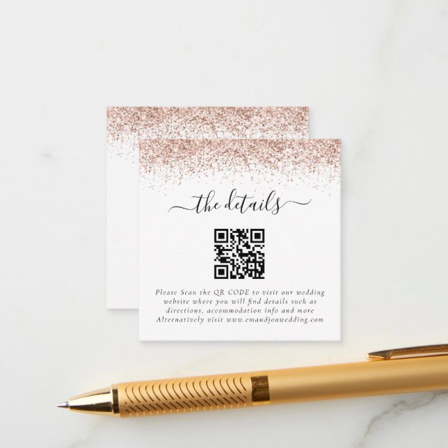Mini Rose Gold Glitzer QR Code Hochzeitdetails Begleitkarte (Vorderseite/Rückseite Beispiel)