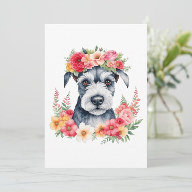 Mini Schnauzer Pink Blume Kronengelb Feiertagskarte (Stehend Vorderseite)