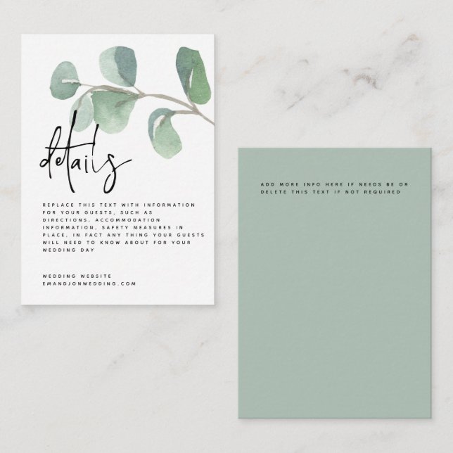 MINI Script Green Eucalyptus Wedding Details Begleitkarte (Vorne/Hinten)