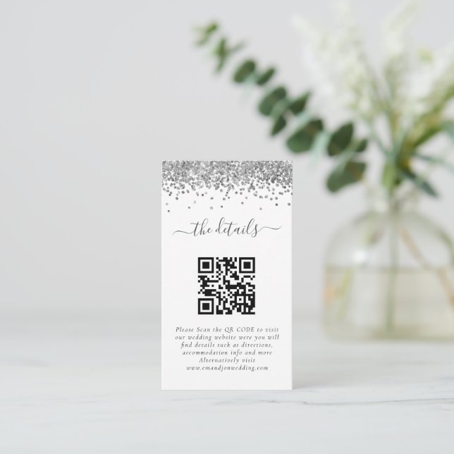 Mini Silver Glitzer QR Code Hochzeitdetails Begleitkarte (Stehend Vorderseite)