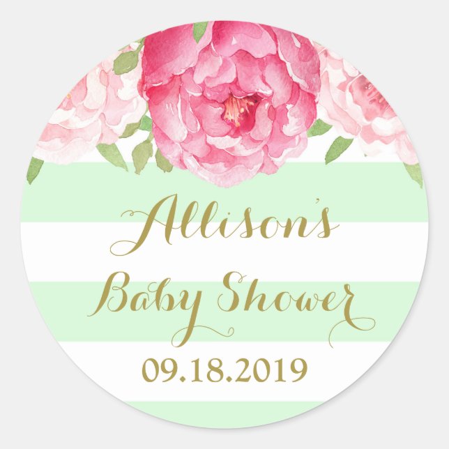 Mini Stripe Pink Blütendusche Gefallen Tag Runder Aufkleber (Vorderseite)