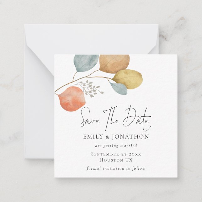 MINI | Trendy Watercolor-Blätter Save the Date Mitteilungskarte (Vorderseite)