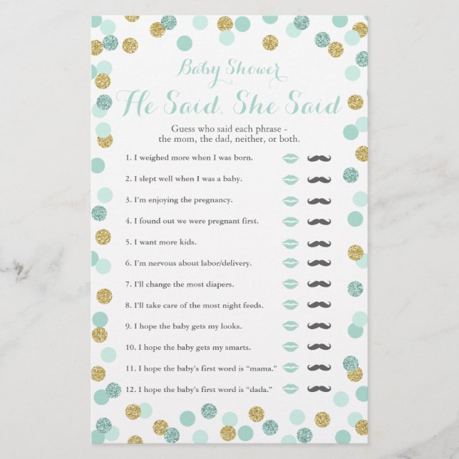 Mini-und Gold-Baby-Dusche sagte er sagte, sie sagt (Vorderseite)