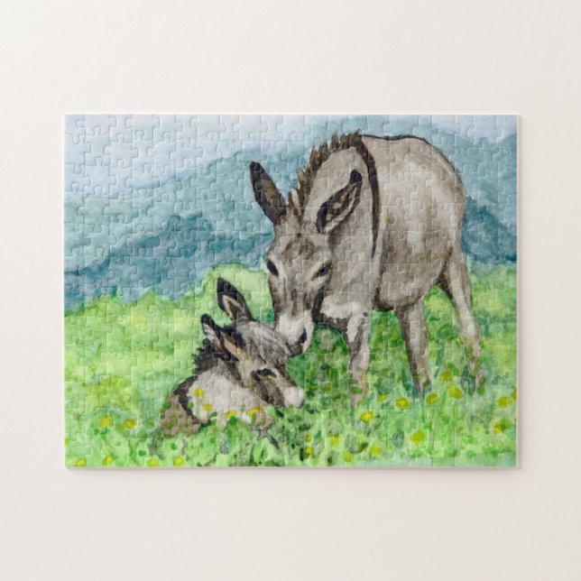 Miniatur-Donkey-Mama und Baby-Aquarell-Kunst Puzzle (Horizontal)