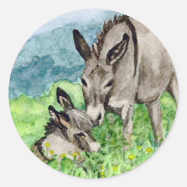 Miniatur-Donkey-Mama und Baby-Aquarell-Kunst Runder Aufkleber (Vorderseite)
