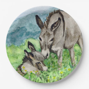 Miniatur-Donkey-Mama und Kinderwasserart Pappteller