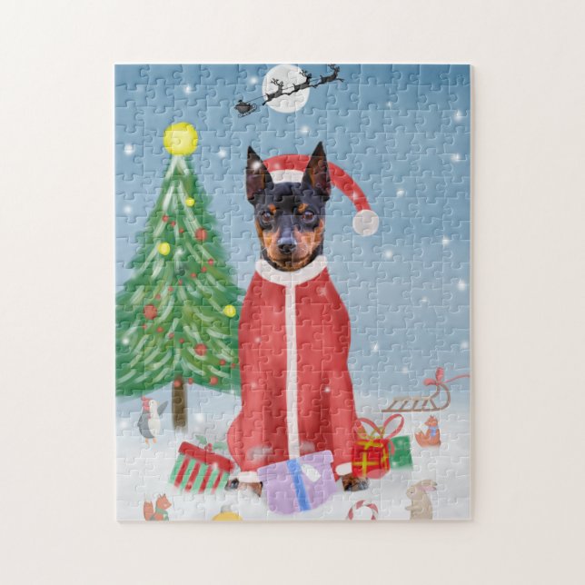 Miniatur Pinsch Hund im Schnee mit Weihnachtsgesch Puzzle (Vertikal)
