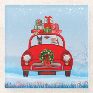 Miniatur Pinscher Hund in Auto mit dem Weihnachtsm Glasuntersetzer