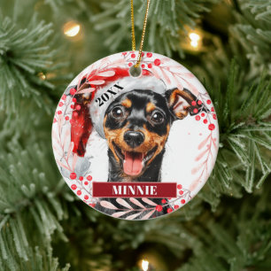Miniatur Pinscher in Weihnachtsmannmütze Weihnacht Keramik Ornament