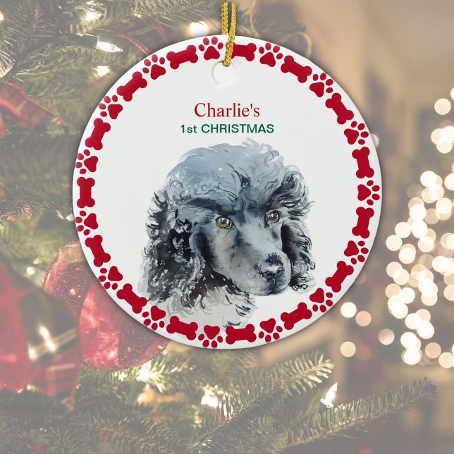 Miniatur Poodle Personalisiert Wasserfarbe Weihnac Keramik Ornament (Add Dog's Name, and Year on reverse.  Change 1st Christmas to other text, if required, or delete.)