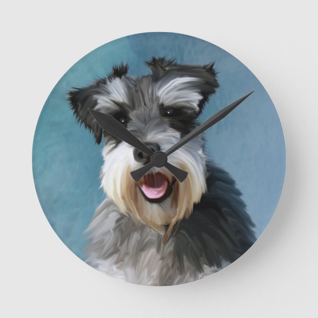 Miniatur Schnauzer Aquarellmalerei Runde Wanduhr (Vorderseite)