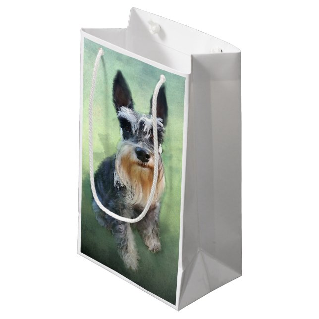 Miniatur Schnauzer Dog Aquarellmalerei Kleine Geschenktüte (Vorderseite Schrägansicht)
