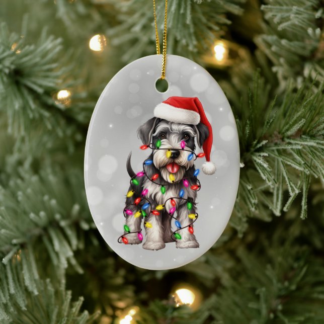 Miniatur Schnauzer in Weihnachtsbeleuchtung eingep Keramik Ornament (Baum)