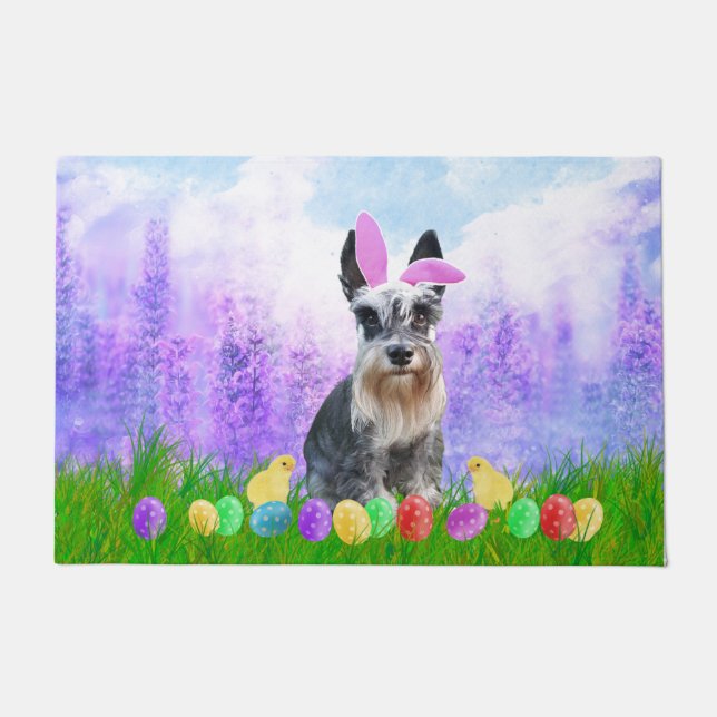Miniatur Schnauzer mit Ostereiern Bunny Chicks Fußmatte (Vorderseite)