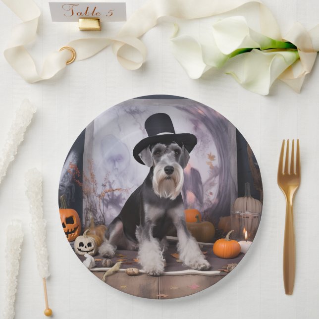 Miniatur Schnauzer Pumpkins Halloween Beängstigend Pappteller (Hochzeit)