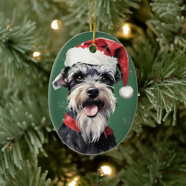 Miniatur Schnauzer Weihnachtsmalerei rund um zwei Keramik Ornament (Baum)