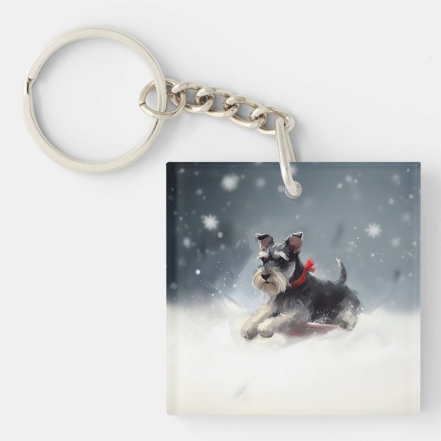 Miniatur Schnauzer Weihnachtsschnee Winter Schlüsselanhänger (Vorderseite)