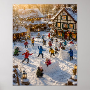Miniatur-Schneeballschlacht-Dorfszene Poster
