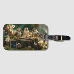 Miniatur-Vogel-Figuren bei einer Wald-Teeparty Gepäckanhänger