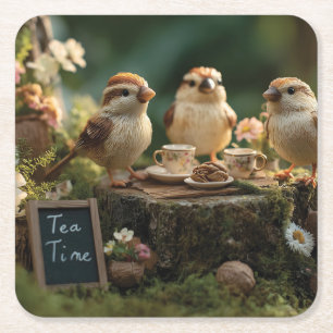 Miniatur-Vogel-Figuren bei einer Wald-Teeparty Rechteckiger Pappuntersetzer