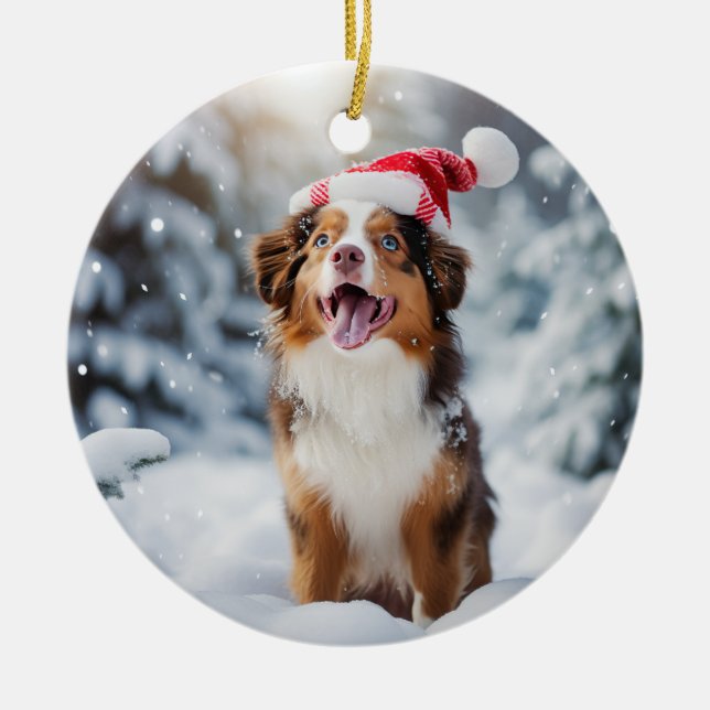 Miniaturamerikanischer Schäferhund Weihnachten Keramik Ornament (Vorne)