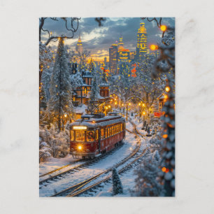 Miniaturbahn in der schneebedeckten Winterstadt Feiertagspostkarte