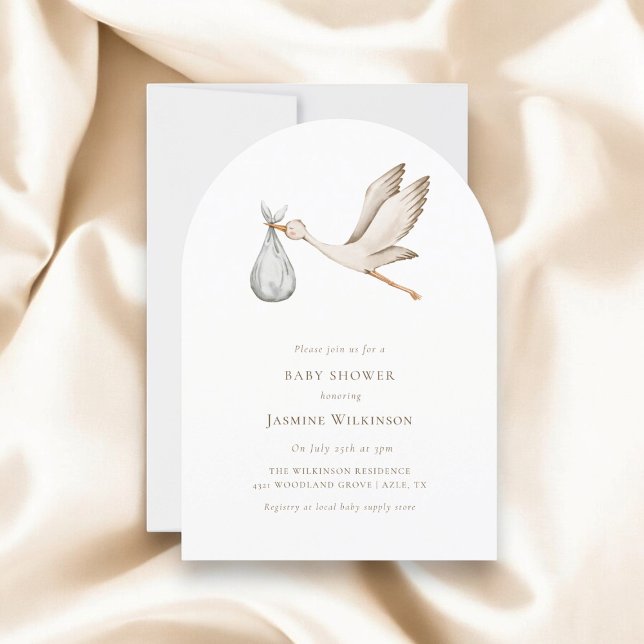 Miniaturdusche Wasserfarbenstorch Einladung (simple minimal stork baby shower invitation designed by janine at willow spring studio)