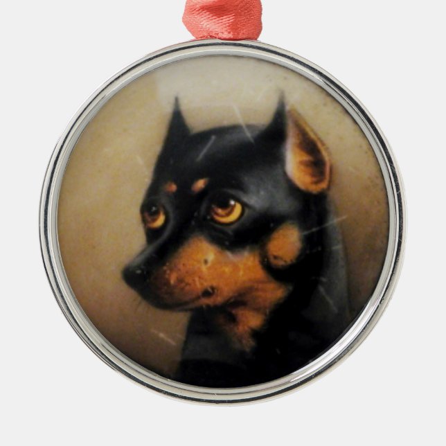 MINIATURE HUND PORTRAS Pincher Silbernes Ornament (Vorne)
